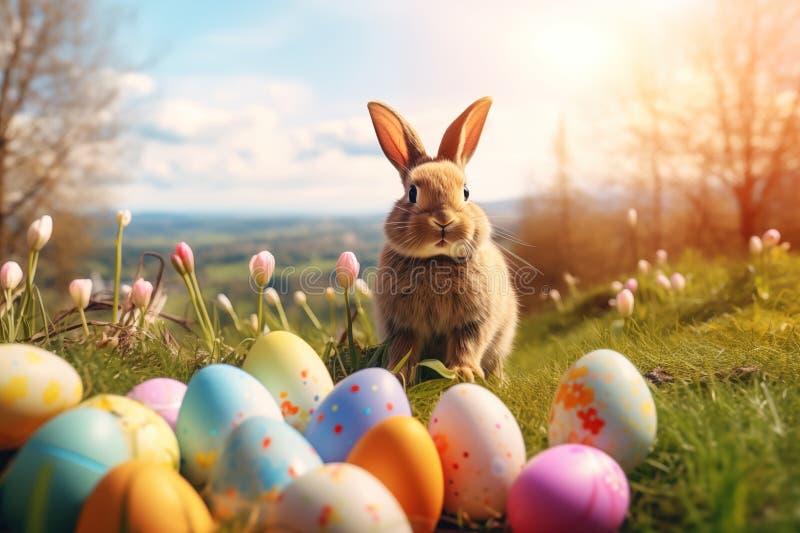 Eizelljagd : süßes Osterkaninchen in einem Schauspiel lebendiger Frühlingseier. generative Hilfe vektor abbildung