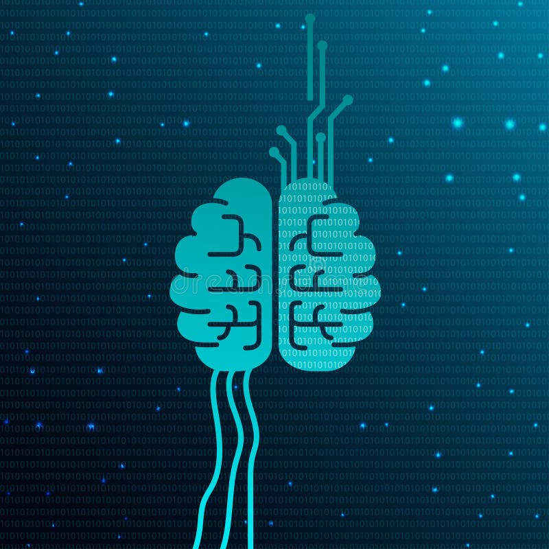 Ejemplo cibernético de la mente Cerebro humano con flujo de la placa de circuito y de datos binarios Inteligencia artificial o co ilustración del vector
