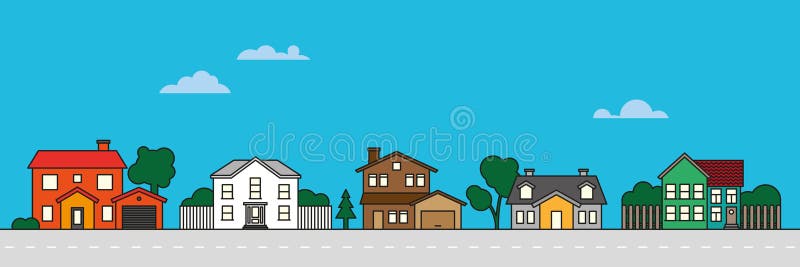 Ejemplo colorido del vector de la vecindad del pueblo stock de ilustración Ejemplo colorido del vector de la vecindad del pueblo stock de ilustración