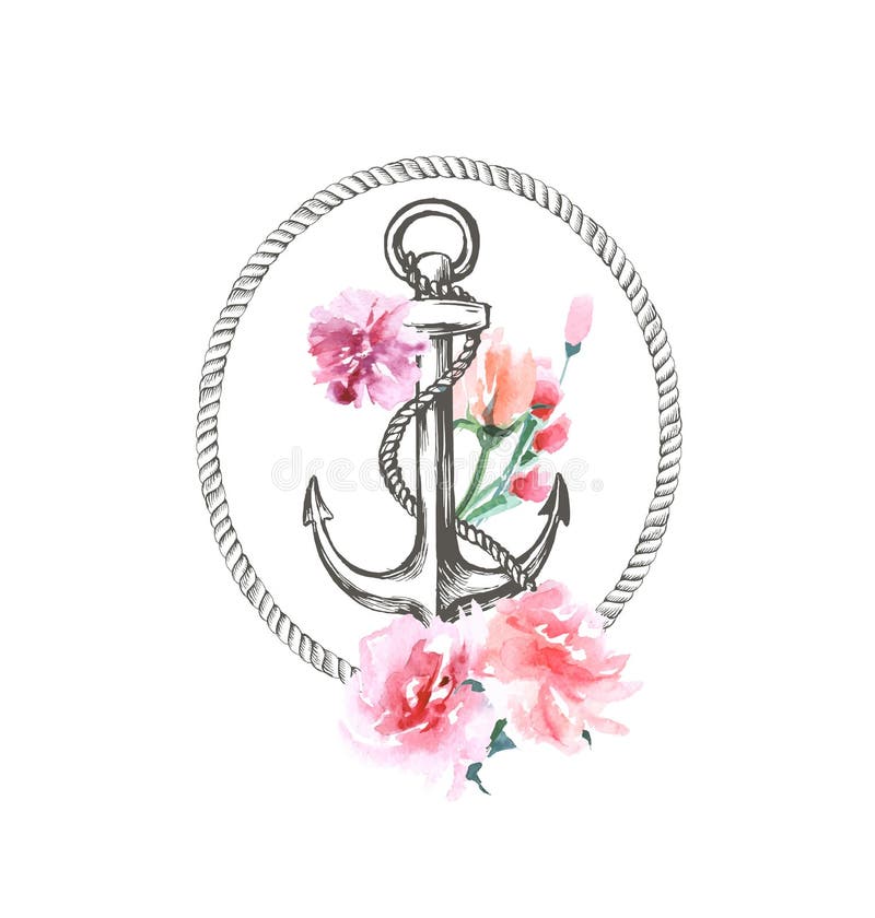 Ejemplo con el ancla, cuerda y vector náuticos de la acuarela, marinos, florales dibujados mano del arreglo del ramo de la flor ilustración del vector Ejemplo con el ancla, cuerda y vector náuticos de la acuarela, marinos, florales dibujados mano del arreglo del ramo de la flor ilustración del vector