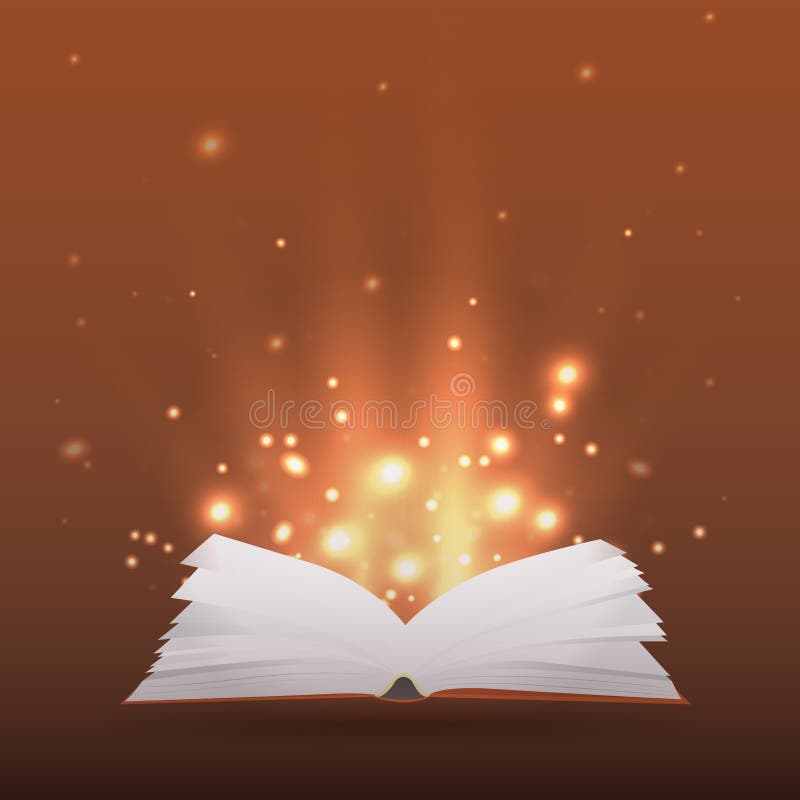 Ejemplo con el libro abierto, rayos de la luz y chispas ilustración del vector Ejemplo con el libro abierto, rayos de la luz y chispas ilustración del vector