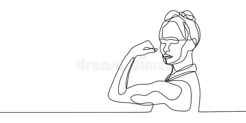 Ejemplo continuo del vector del dibujo lineal de las mujeres fuertes un Concepto de diseño del minimalismo del poder de la muchac. Ejemplo continuo del vector del dibujo lineal de las mujeres fuertes un Concepto de protesta capaz patriótica aislada linear de moda del contorno de la simplicidad del puño del diseño del minimalismo del poder de la muchacha del arte de la fuerza del brazo de la mano del bosquejo gráfico femenino del icono del vintage del esquema de la idea de la cooperación de la industria de la manga del sufragio de la mujer del feminismo del fondo bonito positivo fino minimalistic blanco exhausto creativo simple del personaje de dibujos animados