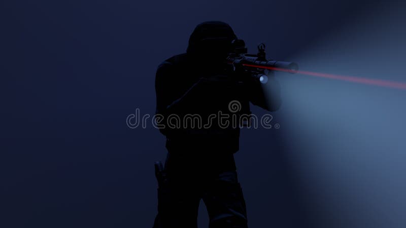 ejemplo 3d de un oficial del golpe violento en la acción con la vista de la linterna y del laser encendido libre illustration ejemplo 3d de un oficial del golpe violento en la acción con la vista de la linterna y del laser encendido libre illustration
