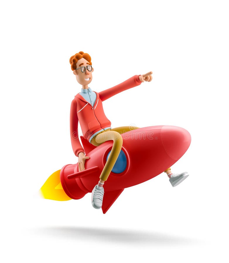 Innovation and Startup Concept. Nerd Larry is flying on a rocket. 3d illustration. Innovation and Startup Concept. Nerd Larry is flying on a rocket. 3d illustration.