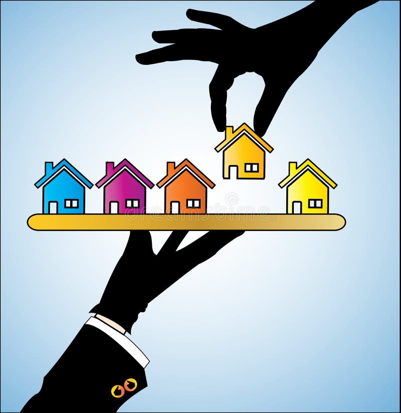 Illustration of buying a house - A customer choosing a house of his/her choice from different choices of houses offered to him. Illustration of buying a house - A customer choosing a house of his/her choice from different choices of houses offered to him