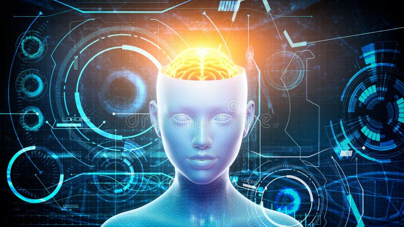 Ejemplo de 3 D de la cabeza y del cerebro de un hombre con los elementos gráficos Concepto de la inteligencia artificial y del ap ilustración del vector
