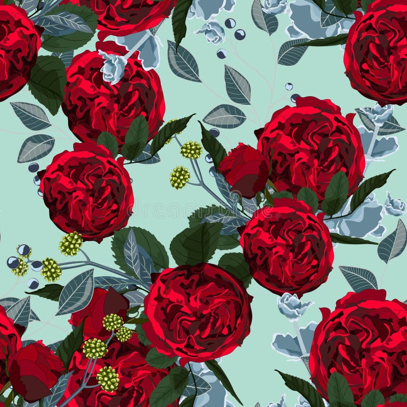 Ejemplo de flores rojas y suculento Modelo inconsútil de la peonía y de hierbas en fondo verde stock de ilustración Ejemplo de flores rojas y suculento Modelo inconsútil de la peonía y de hierbas en fondo verde stock de ilustración