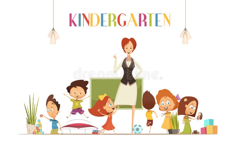 Ejemplo de With Kids Cartoon del maestro de jardín de infancia libre illustration Ejemplo de With Kids Cartoon del maestro de jardín de infancia libre illustration