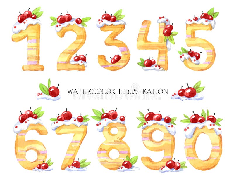 Ejemplo de la acuarela de números a partir de la cero a nueve Símbolos matemáticos sabrosos dulces Sistema de la torta decorativa libre illustration Ejemplo de la acuarela de números a partir de la cero a nueve Símbolos matemáticos sabrosos dulces Sistema de la torta decorativa libre illustration