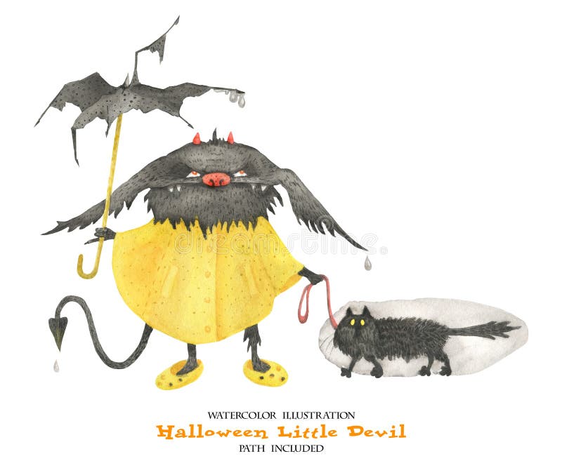 Ejemplo de la acuarela para Halloween Pequeño diablo mojado en la lluvia stock de ilustración Ejemplo de la acuarela para Halloween Pequeño diablo mojado en la lluvia stock de ilustración