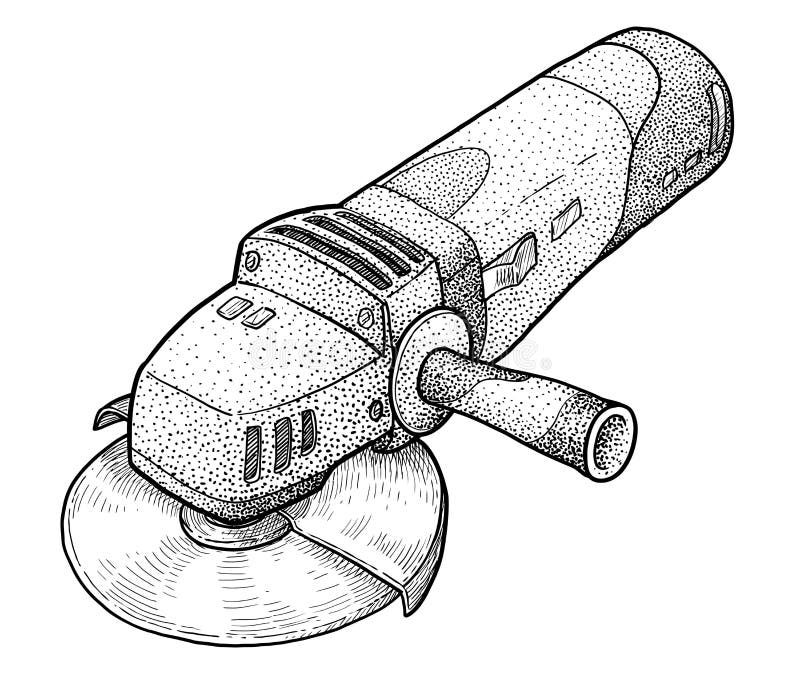 Ejemplo de la amoladora de ángulo, dibujo, grabado, tinta, línea arte, vector stock de ilustración Ejemplo de la amoladora de ángulo, dibujo, grabado, tinta, línea arte, vector stock de ilustración
