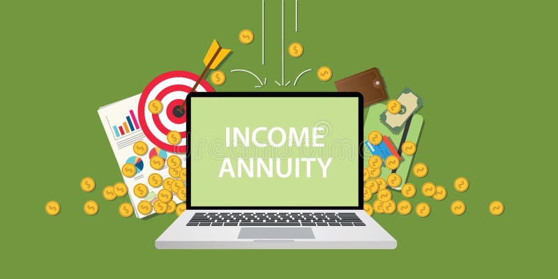 Income annuity illustration with text on laptop display with business icon money gold coin falling from sky and graph paperwork document and goals vector. Income annuity illustration with text on laptop display with business icon money gold coin falling from sky and graph paperwork document and goals vector