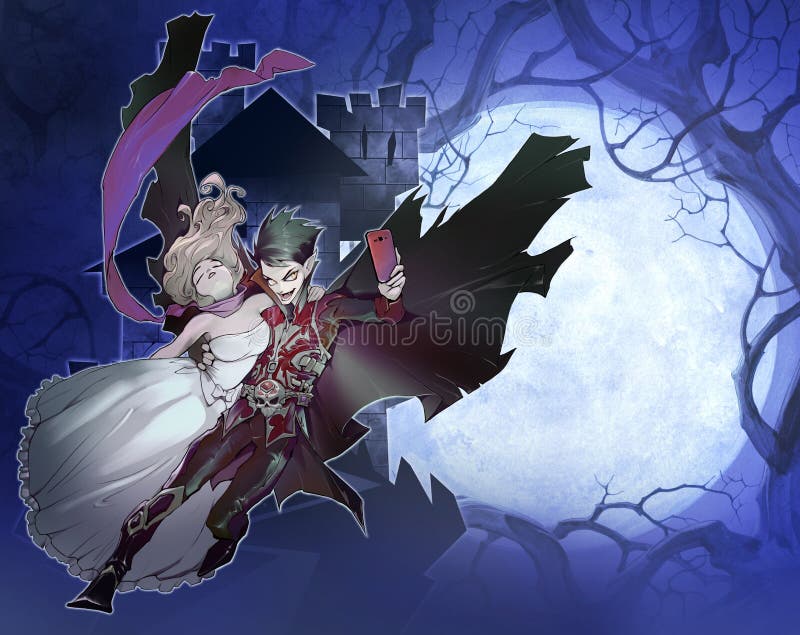 Ejemplo de la fantasía de Digitaces de un vampiro hermoso y de una muchacha hermosa stock de ilustración Ejemplo de la fantasía de Digitaces de un vampiro hermoso y de una muchacha hermosa stock de ilustración