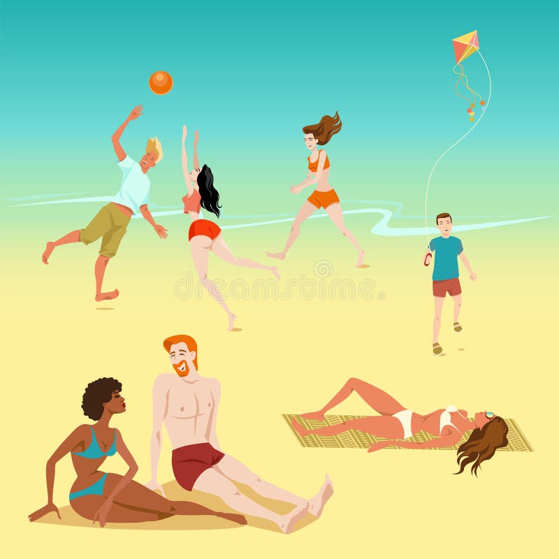 Ejemplo de la gente que se relaja en la playa Muchacho con una cometa Gente joven que juega a voleibol Tomar el sol a gente ilustración del vector