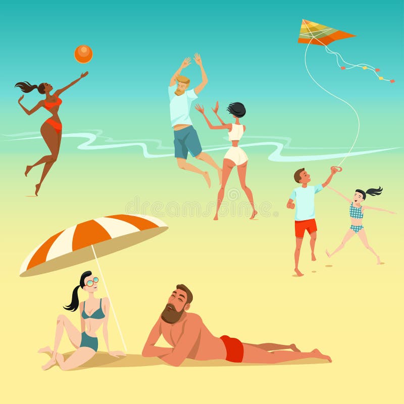 Ejemplo de la gente que se relaja en la playa Niños con una cometa Gente joven que juega a voleibol Tomar el sol pares libre illustration