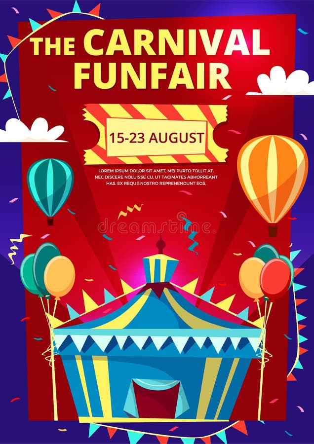 Carnival funfair vector illustration of invitation poster, banner or flyer with circus tent and hot air balloons and flags. Flat design template for funfair traveling carnival entertainment show date. Carnival funfair vector illustration of invitation poster, banner or flyer with circus tent and hot air balloons and flags. Flat design template for funfair traveling carnival entertainment show date
