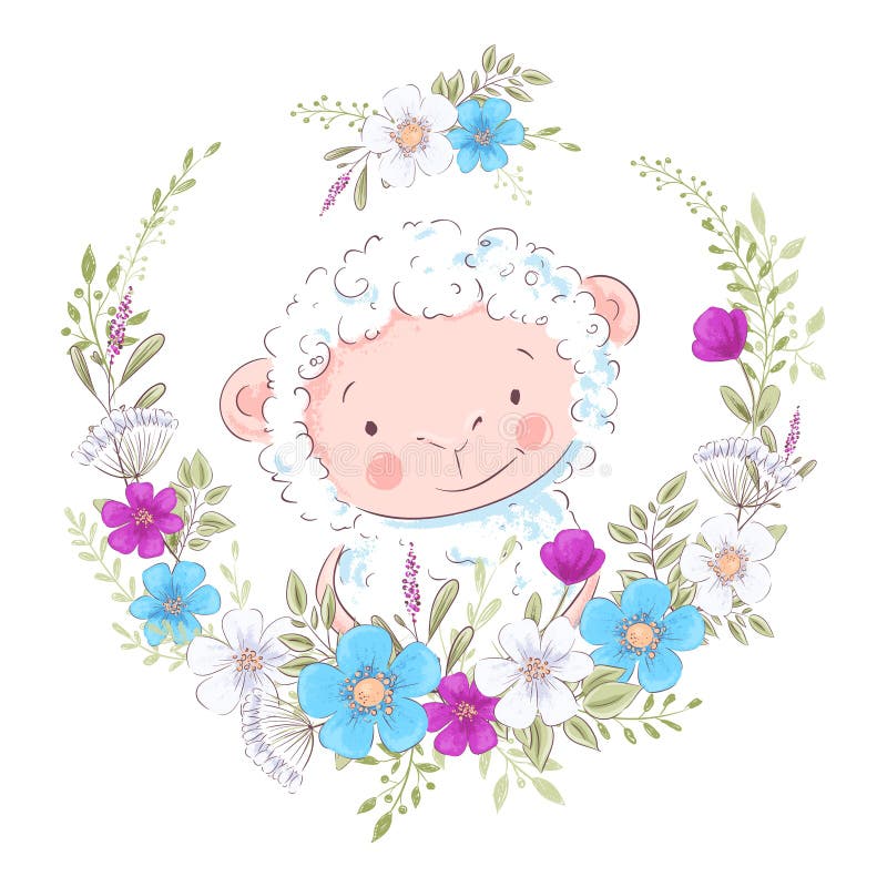 Ejemplo de la historieta de una oveja linda en una guirnalda de flores azules y púrpuras Drenaje disponible del ejemplo del vecto stock de ilustración Ejemplo de la historieta de una oveja linda en una guirnalda de flores azules y púrpuras Drenaje disponible del ejemplo del vecto stock de ilustración