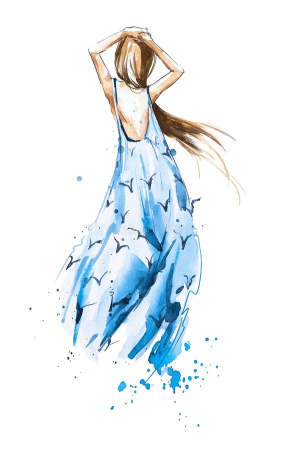 Ejemplo de la moda de la acuarela, muchacha en un vestido del verano que mira en la distancia ilustración del vector