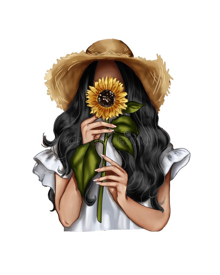 Ejemplo de la moda - muchacha que sostiene un girasol - retrato de la mujer stock de ilustración