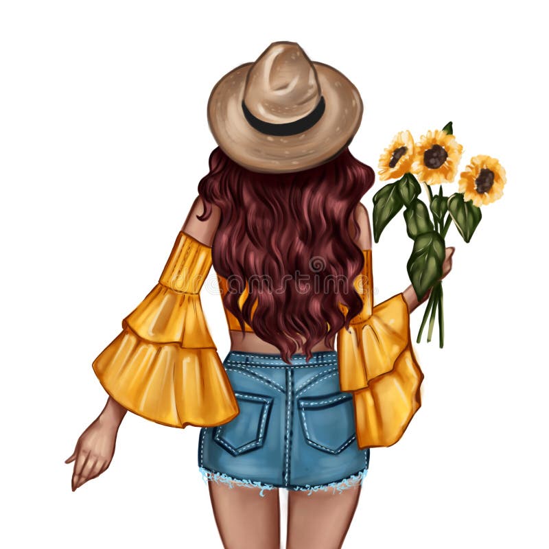 Ejemplo de la moda - muchacha que sostiene un girasol - retrato de la mujer ilustración del vector