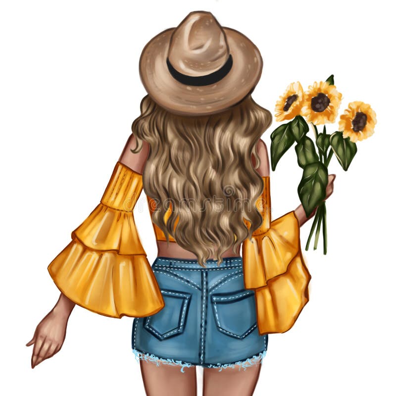 Ejemplo de la moda - muchacha que sostiene un girasol - retrato de la mujer ilustración del vector