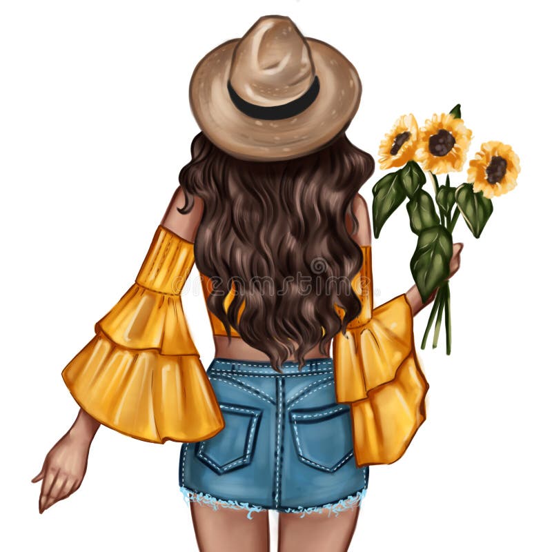 Ejemplo de la moda - muchacha que sostiene un girasol - retrato de la mujer stock de ilustración