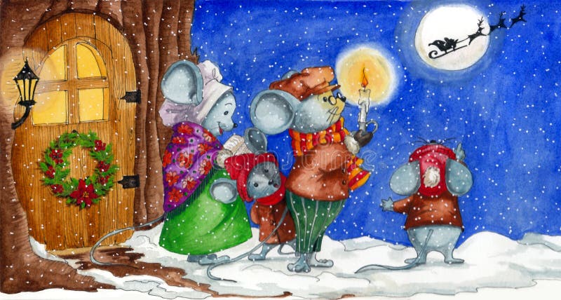 Watercolor Christmas painted illustration with a mouse family looking at Santa Clause who is flying, and singing carols in front of their house in the night. Watercolor Christmas painted illustration with a mouse family looking at Santa Clause who is flying, and singing carols in front of their house in the night