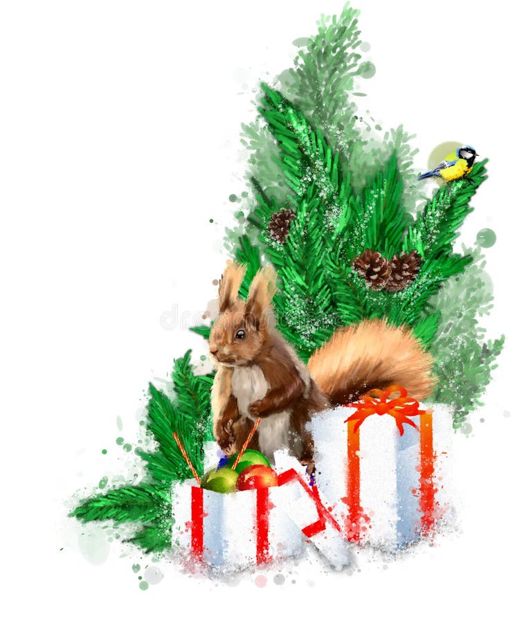Ejemplo de la Navidad con el abeto, los regalos y la ardilla libre illustration Ejemplo de la Navidad con el abeto, los regalos y la ardilla libre illustration