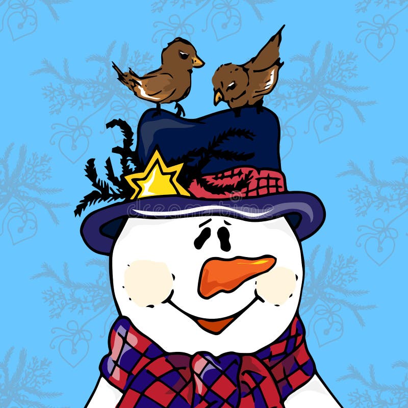 Ejemplo de la Navidad Muñeco de nieve con los pájaros en el sombrero Tarjeta de Navidad ilustración del vector Ejemplo de la Navidad Muñeco de nieve con los pájaros en el sombrero Tarjeta de Navidad ilustración del vector