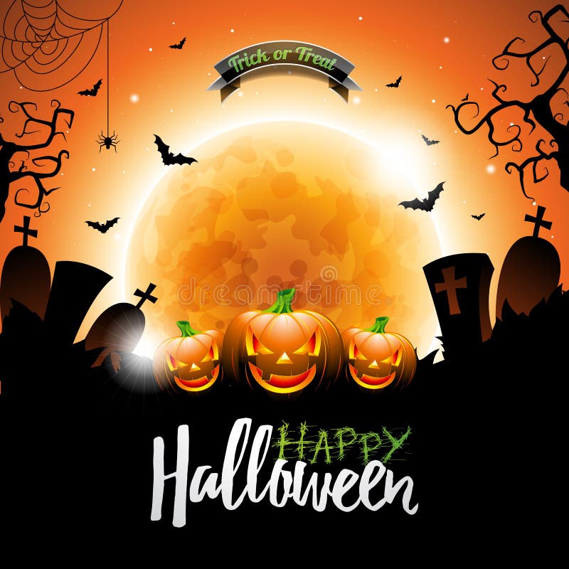 Ejemplo de la plantilla del cartel del vector de la venta de Halloween con la luna y palos en fondo anaranjado del cielo Diseño p stock de ilustración Ejemplo de la plantilla del cartel del vector de la venta de Halloween con la luna y palos en fondo anaranjado del cielo Diseño p stock de ilustración