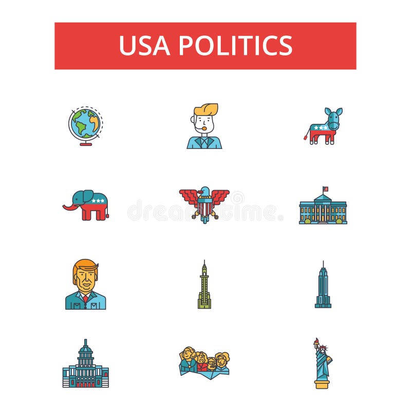 Ejemplo de la política de los E.E.U.U., línea fina iconos, muestras planas lineares, símbolos del vector libre illustration Ejemplo de la política de los E.E.U.U., línea fina iconos, muestras planas lineares, símbolos del vector libre illustration