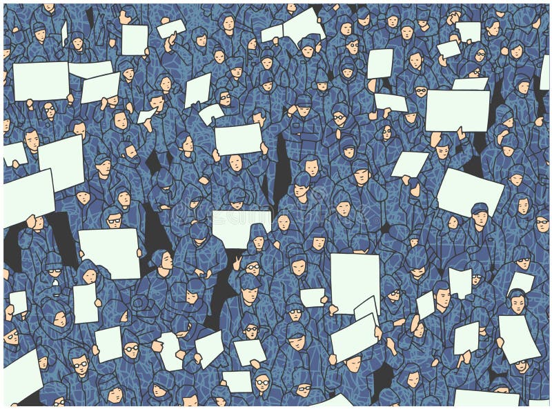 Ejemplo de la protesta de la muchedumbre masiva con las muestras en blanco stock de ilustración Ejemplo de la protesta de la muchedumbre masiva con las muestras en blanco stock de ilustración