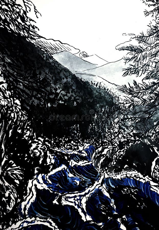 Ejemplo de la tinta del río de la corriente ilustración del vector Ejemplo de la tinta del río de la corriente ilustración del vector