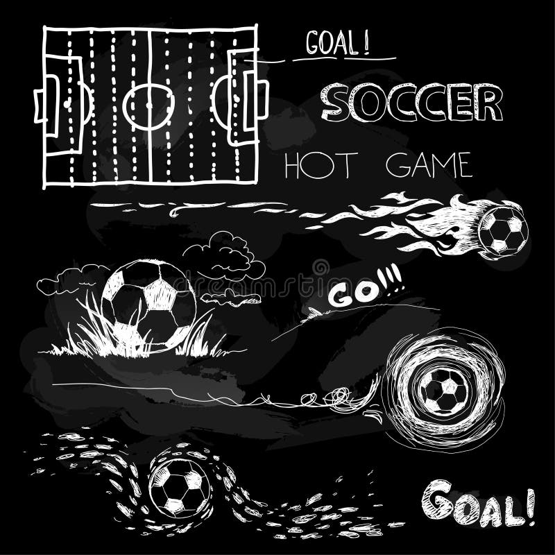 Chalk Illustration of soccer ball and elements with text. Chalk Illustration of soccer ball and elements with text