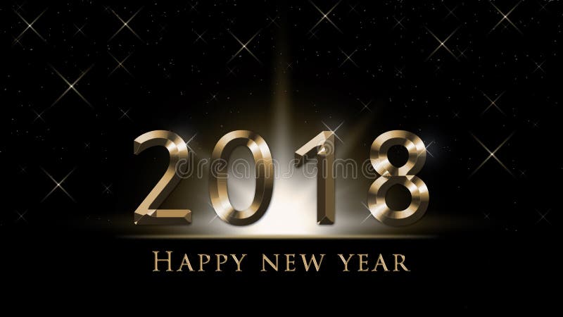 Ejemplo de la víspera del ` s del Año Nuevo 2018, tarjeta con 2018 de oro y texto de la Feliz Año Nuevo en fondo negro libre illustration Ejemplo de la víspera del ` s del Año Nuevo 2018, tarjeta con 2018 de oro y texto de la Feliz Año Nuevo en fondo negro libre illustration