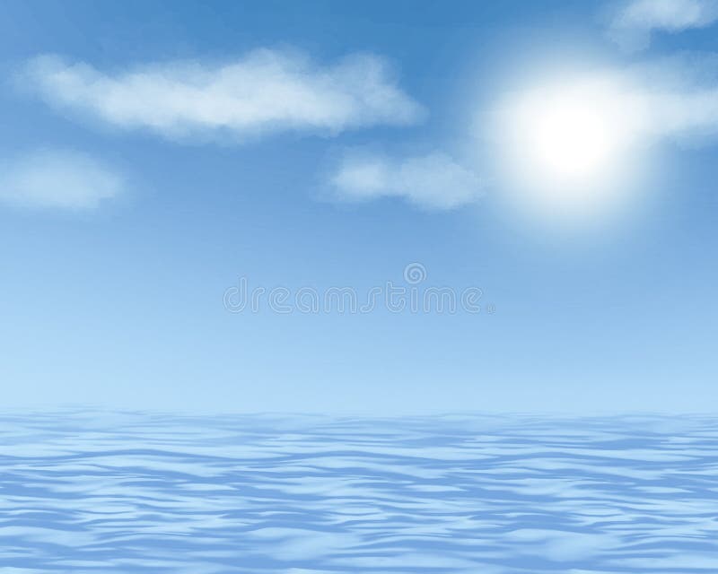 Ejemplo de las ondas de agua de la calma del mar o del océano del concepto, del cloudscape del cielo y del sol imagen de archivo libre de regalías