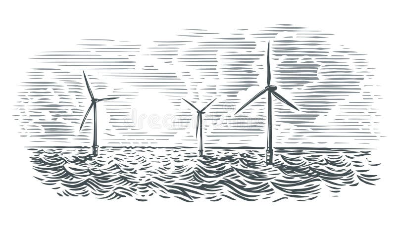 Ejemplo de las turbinas de viento costero Vector, aislado ilustración del vector Ejemplo de las turbinas de viento costero Vector, aislado ilustración del vector