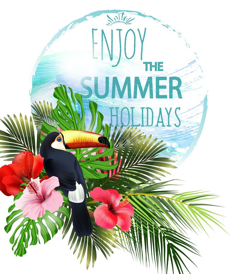 Ejemplo de las vacaciones de verano Vare, opinión panorámica hermosa del mar de las palmeras, con las flores tropicales libre illustration Ejemplo de las vacaciones de verano Vare, opinión panorámica hermosa del mar de las palmeras, con las flores tropicales libre illustration