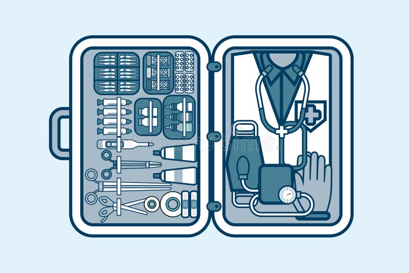 Ejemplo de los suministros médicos, drogas, píldoras, herramientas, ropa en la línea estilo stock de ilustración
