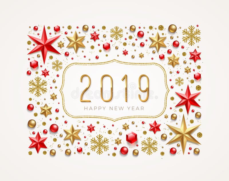 Ejemplo de saludo del Año Nuevo 2019 Capítulo hecho de las estrellas, de las gemas de rubíes, de los copos de nieve de oro, de la ilustración del vector Ejemplo de saludo del Año Nuevo 2019 Capítulo hecho de las estrellas, de las gemas de rubíes, de los copos de nieve de oro, de la ilustración del vector
