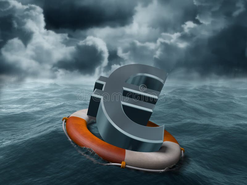 Illustration of a euro symbol being saved from stormy weather. Illustration of a euro symbol being saved from stormy weather