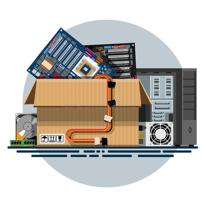 Illustration of a cardboard box with old things in a flat style. Box with old stuff vector. Computer hardware, motherboard, power supply, hard drive, RAM, computer case. Vector illustration Eps10 file. Illustration of a cardboard box with old things in a flat style. Box with old stuff vector. Computer hardware, motherboard, power supply, hard drive, RAM, computer case. Vector illustration Eps10 file