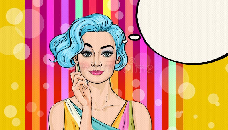 Ejemplo del arte pop de la muchacha con la burbuja del discurso Muchacha del arte pop Invitación del partido Tarjeta de felicitac ilustración del vector Ejemplo del arte pop de la muchacha con la burbuja del discurso Muchacha del arte pop Invitación del partido Tarjeta de felicitac ilustración del vector