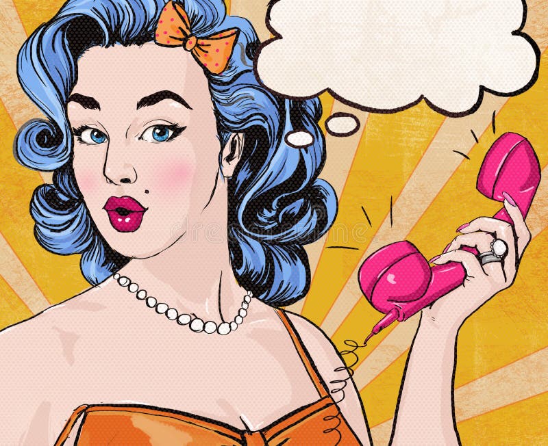 Ejemplo del arte pop de la mujer con el teléfono retro de la hormiga de la burbuja del discurso stock de ilustración