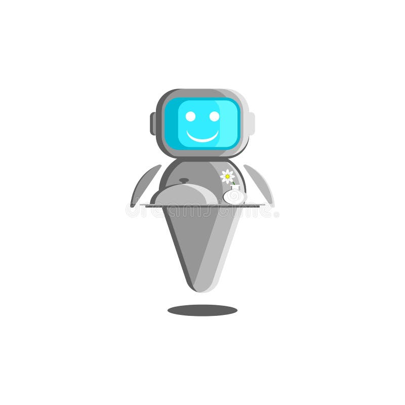 Ejemplo del camarero del robot, concepto de ayudante robótico con inteligencia artificial Un bot sonriente con la comida y un flo libre illustration Ejemplo del camarero del robot, concepto de ayudante robótico con inteligencia artificial Un bot sonriente con la comida y un flo libre illustration