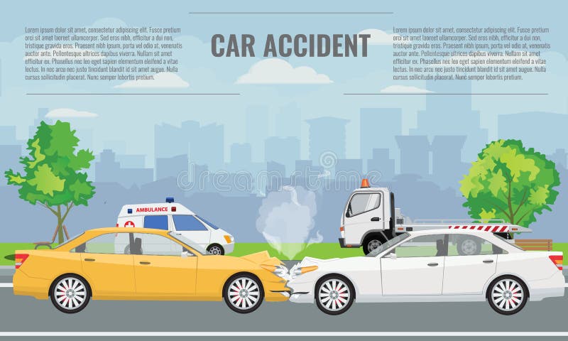 Car crash or accident concept illustration. Flat and solid color vector illustration for infographic template. Car crash or accident concept illustration. Flat and solid color vector illustration for infographic template.