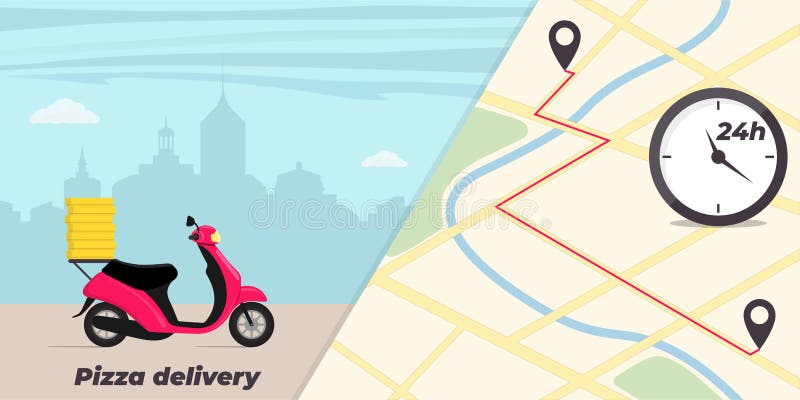 Ejemplo del concepto del servicio de entrega de la pizza Moto con las cajas de la pizza en el tronco Ciudad grande en fondo Mapa ilustración del vector Ejemplo del concepto del servicio de entrega de la pizza Moto con las cajas de la pizza en el tronco Ciudad grande en fondo Mapa ilustración del vector