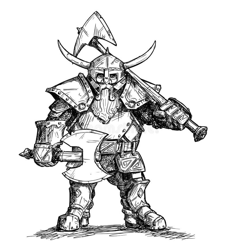 Ejemplo del dibujo del vector del guerrero del enano de la fantasía en Armor With Axes
