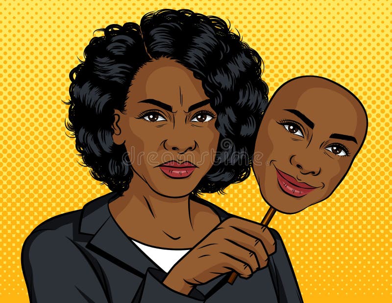 Ejemplo del estilo del arte pop del color Muchacha afroamericana con una cara falsa La muchacha pelada oscura lleva a cabo una má ilustración del vector