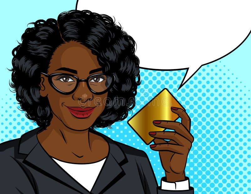 Ejemplo del estilo del arte pop del vector del color Mujer de negocios afroamericana que sostiene una tarjeta del oro en su mano stock de ilustración Ejemplo del estilo del arte pop del vector del color Mujer de negocios afroamericana que sostiene una tarjeta del oro en su mano stock de ilustración